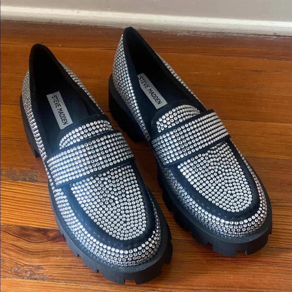 Steve Madden Silver Rhinestone Loafers